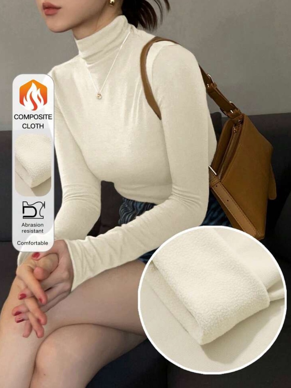 Soft Fleece-Lined Cream Turtleneck Long-Sleeve Top